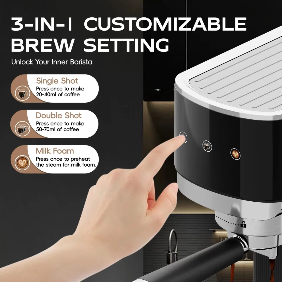 WHALL Touchscreen Espresso Machine 20 Bar，Espresso Coffee Maker with Milk Frother Steam Wand Stainless Steel Coffee Machine with Removable Water Tank New 05