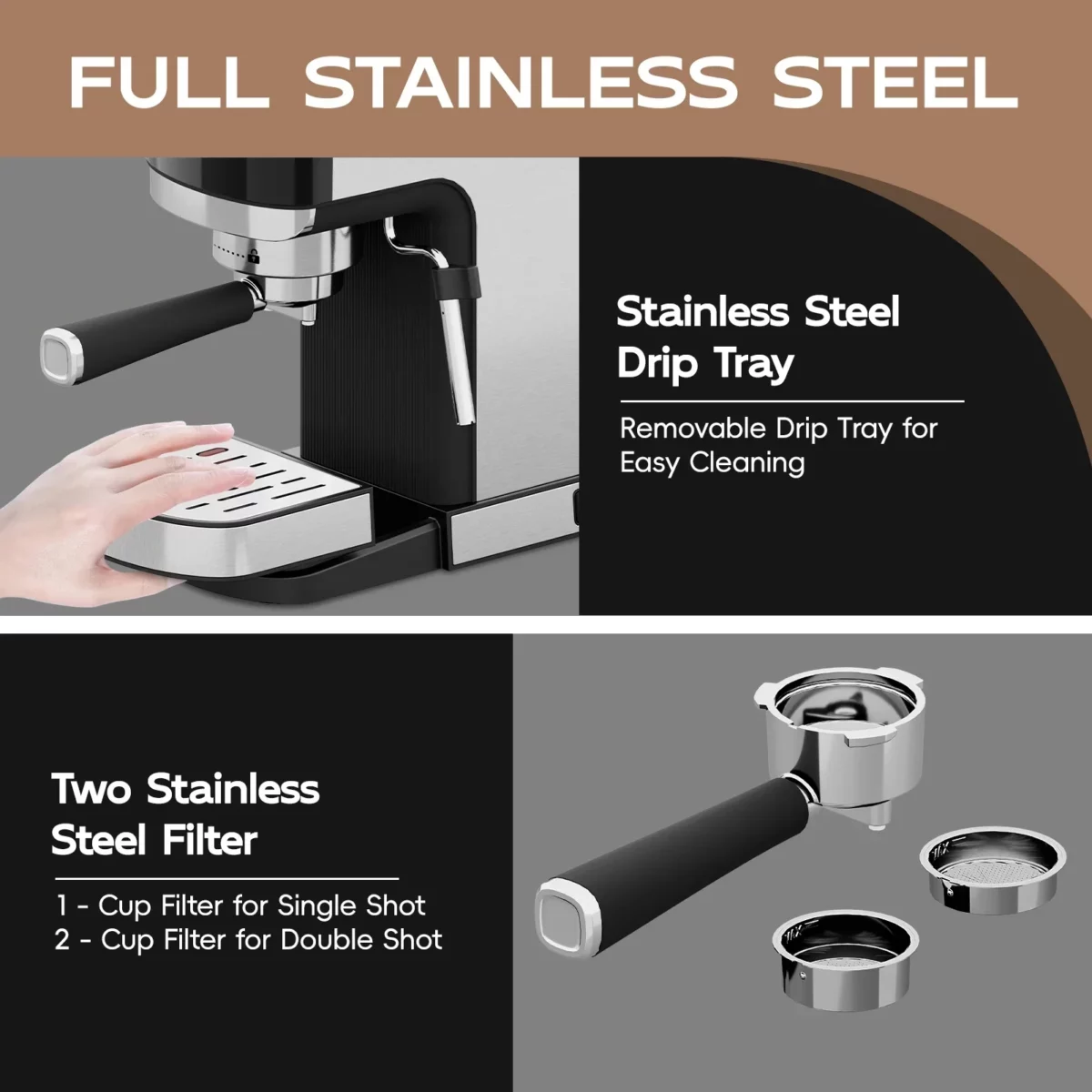 WHALL Touchscreen Espresso Machine 20 Bar，Espresso Coffee Maker with Milk Frother Steam Wand Stainless Steel Coffee Machine with Removable Water Tank New 06