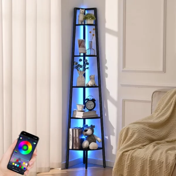 5-Tier Corner Bookshelf with LED Light, 67.5in Tall Standing Shelf with Steel Frame, Storage Shelves for Living Room Office