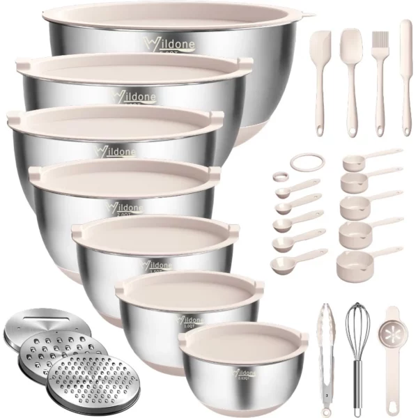 26PCS Stainless Steel Mixing Bowls with Airtight Lids, 3 Grater Attachments, Nesting Design, Scale Mark, Non-Slip Base, 7 Sizes
