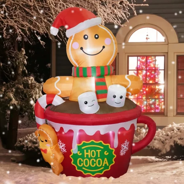 ZPISF 6FT Christmas Inflatable Gingerbread Man in Hot Cocoa Mug – Cute LED Blow Up Outdoor Yard Decoration for Garden, Lawn & Xmas Holiday