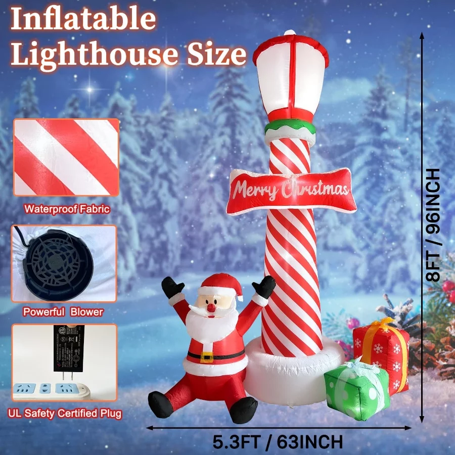 ZXSWONLY 8.1ft Christmas Inflatable Lighthouse with Santa Claus and Gift Box, Christmas Inflatable L - 02 ZXSWONLY 8.1ft Christmas Inflatable Lighthouse with Santa Claus and Gift Box Christmas Inflatable L 02