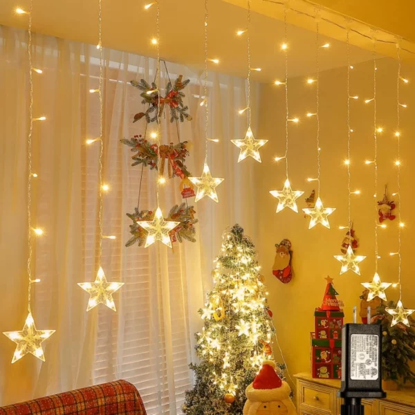 Woohaha Star Icicle Curtain Lights 118 LED 14.8FT Plug In with Timer, 8 Modes Warm White Hanging Lights for Party, Wedding, Christmas