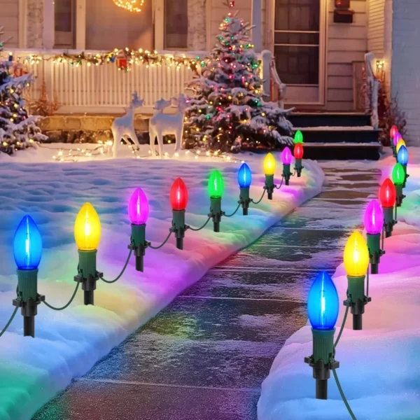 45Ft C9 LED Christmas Pathway Lights Outdoor, 30 Multicolor Bulbs, Waterproof Connectable Walkway Lights for Driveway, Yard, Lawn, Sidewalk Decor