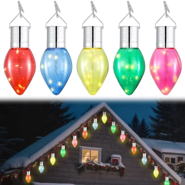 Christmas C9 Solar Light Bulbs 5 Pack Jumbo Hanging LED Bulbs with Clip, Waterproof Outdoor Lights for Yard, Patio, Fence, Holiday Decor