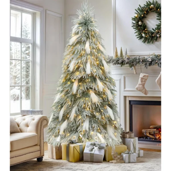 6 FT Snowy Christmas Tree with Feathers and Lights