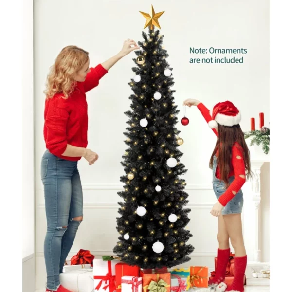 6FT Slim Black Artificial Christmas Tree, Pencil Style Xmas Tree with 390 Branch Tips & Plastic Stand for Holiday Decor