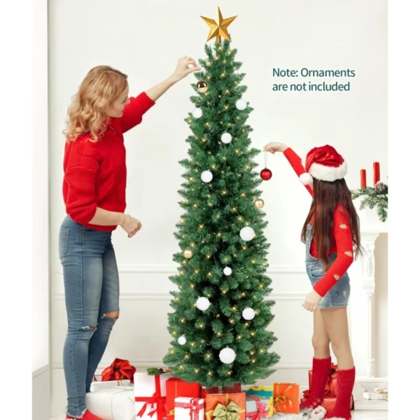 6FT Prelit Green Spruce Christmas Tree, 200 Warm White Lights, Artificial Hinged Xmas Tree for Office Home Holiday Decoration