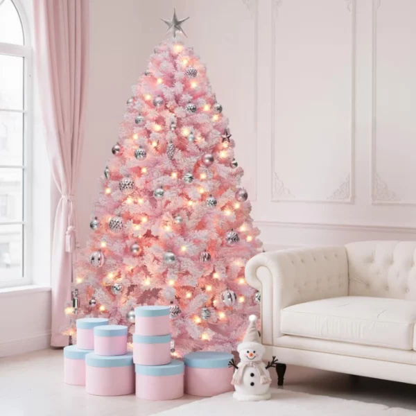 7.5 FT Pink Flocked Christmas Tree with 1346 Thickened Branch Tips and 550 Lights