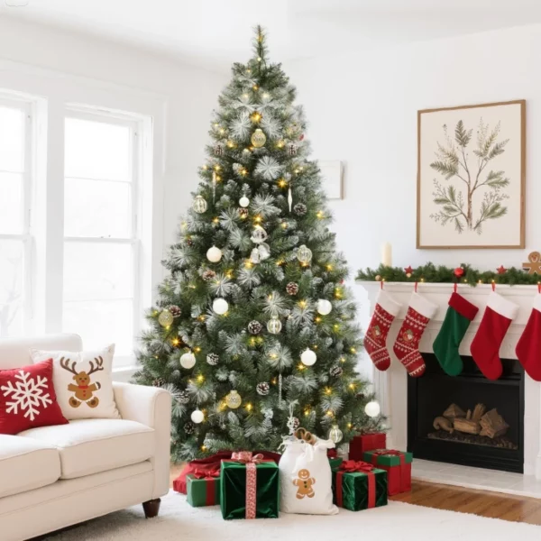 7.5 FT Scotch Pine Christmas Tree with Pine-Cones and Multicolor Lights