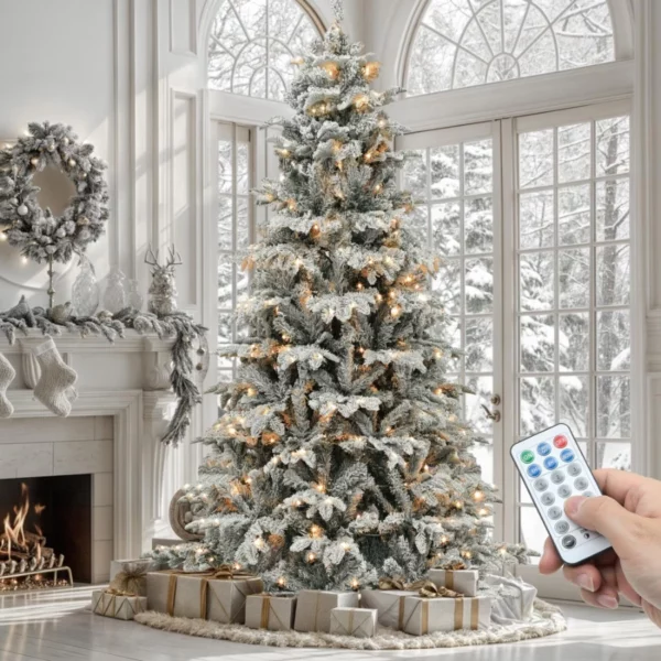 Pre-Lit 6.5FT Snow Flocked Artificial Christmas Tree, 450 LED Lights, Natural Layered Xmas Tree for Indoor Home Office Party Decoration