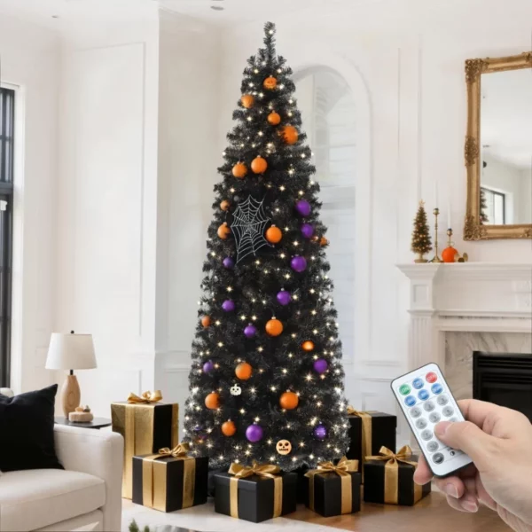 7.5ft Black Prelit Spruce Artificial Skinny Christmas Tree with 350 Lights