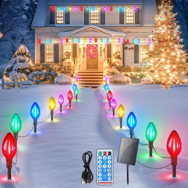 Minetom Solar Double C9 Christmas Pathway Lights Outdoor, 16FT 10 LED with Timer & 8 Modes, Waterproof Lawn Walkway Holiday Decorations, Multicolor