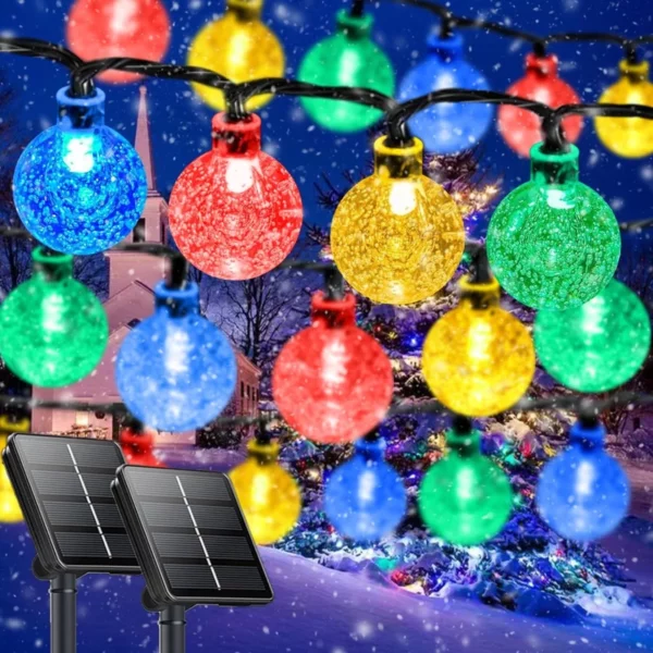 Solar Christmas Lights Outdoor Multicolor 2-Pack 64FT 100 LED Crystal Globe String Lights Waterproof for Holiday Patio, Garden, Party