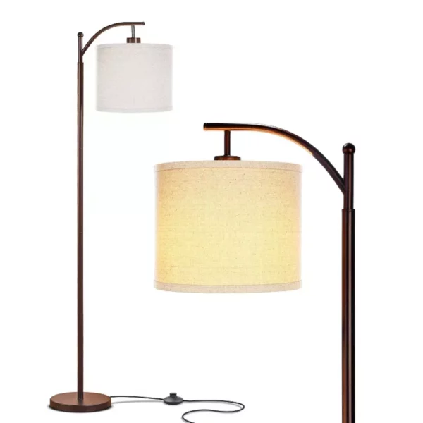 Montage 62-Inch LED Arc Floor Lamp with White Hanging Drum Shade - Bronze Finish, Adjustable Arm & Dimmable Brightness - Modern Living Room Lighting