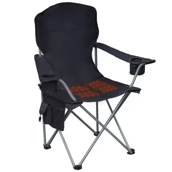 Heated Outdoor Camping Chair – Deluxe Quad Fold Design with USB Cable, Cup Holders & Storage Pocket