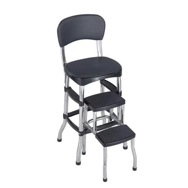 Folding Retro Counter Height Chair & 2-Step Stool Combination - Dual-Purpose Kitchen Seating and Step Ladder - Classic Chrome Finish & Durable, Non-Marring Feet