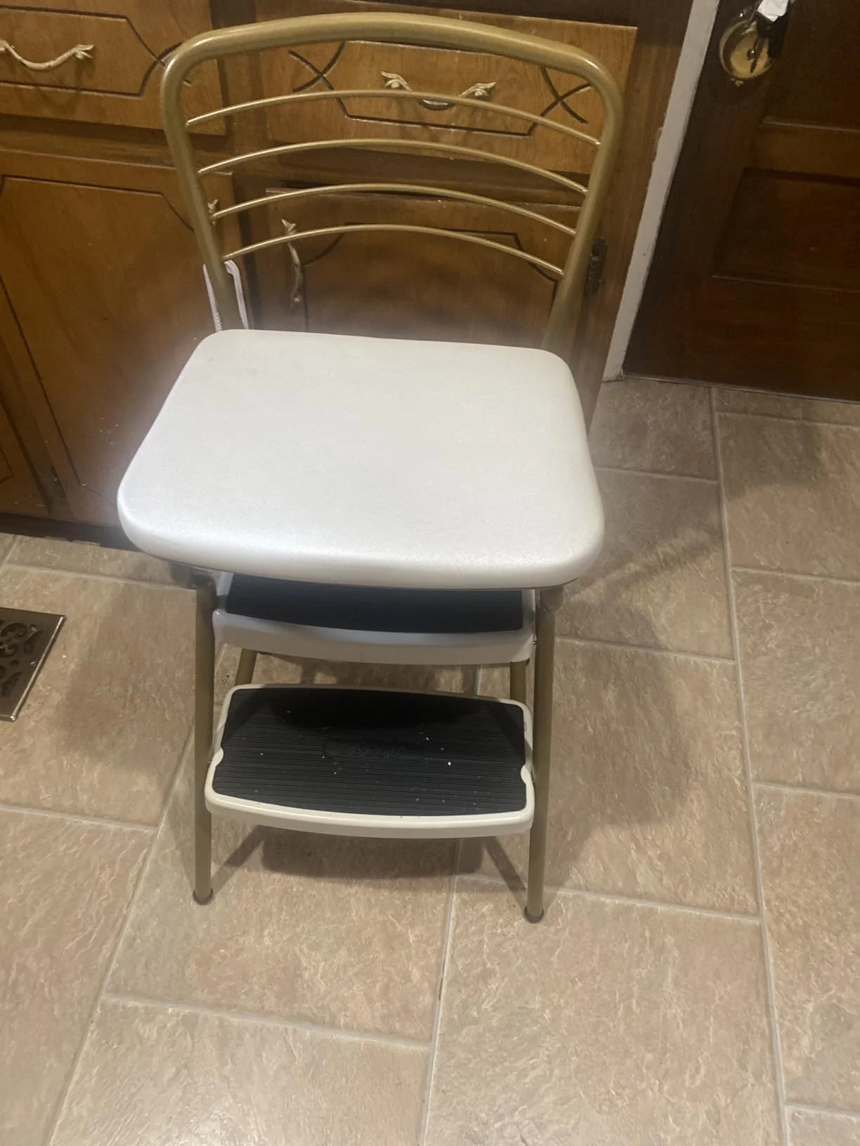 Click to view full screen Folding Retro Counter Height Chair & 2-Step Stool Combination - Dual-Purpose Kitchen Seating and Step Ladder - Classic Chrome Finish & Durable, Non-Marring Feet photo review