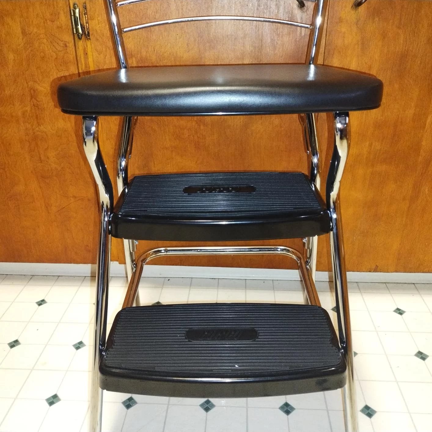 Click to view full screen Folding Retro Counter Height Chair & 2-Step Stool Combination - Dual-Purpose Kitchen Seating and Step Ladder - Classic Chrome Finish & Durable, Non-Marring Feet photo review