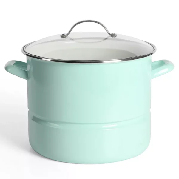 16-Quart Enameled Steel Steamer Stock Pot with Lid - Versatile Large Capacity Cookware for Steaming, Soups, and Boiling - Easy to Clean