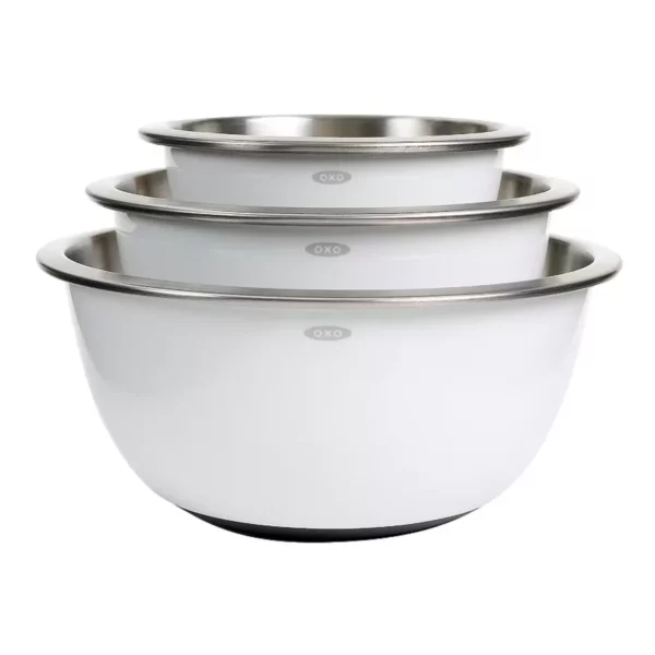 3-Piece Stainless Steel Mixing Bowl Set with Non-Slip Bases - Durable, Nesting Design for Space Saving - Ideal for Baking, Prepping & Serving