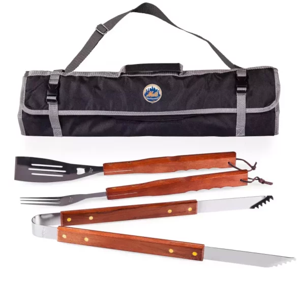 Portable BBQ Grill Tool Set – 3-Piece Stainless Utensil Kit with Carry Tote for Outdoor Cooking (New York Mets edition)