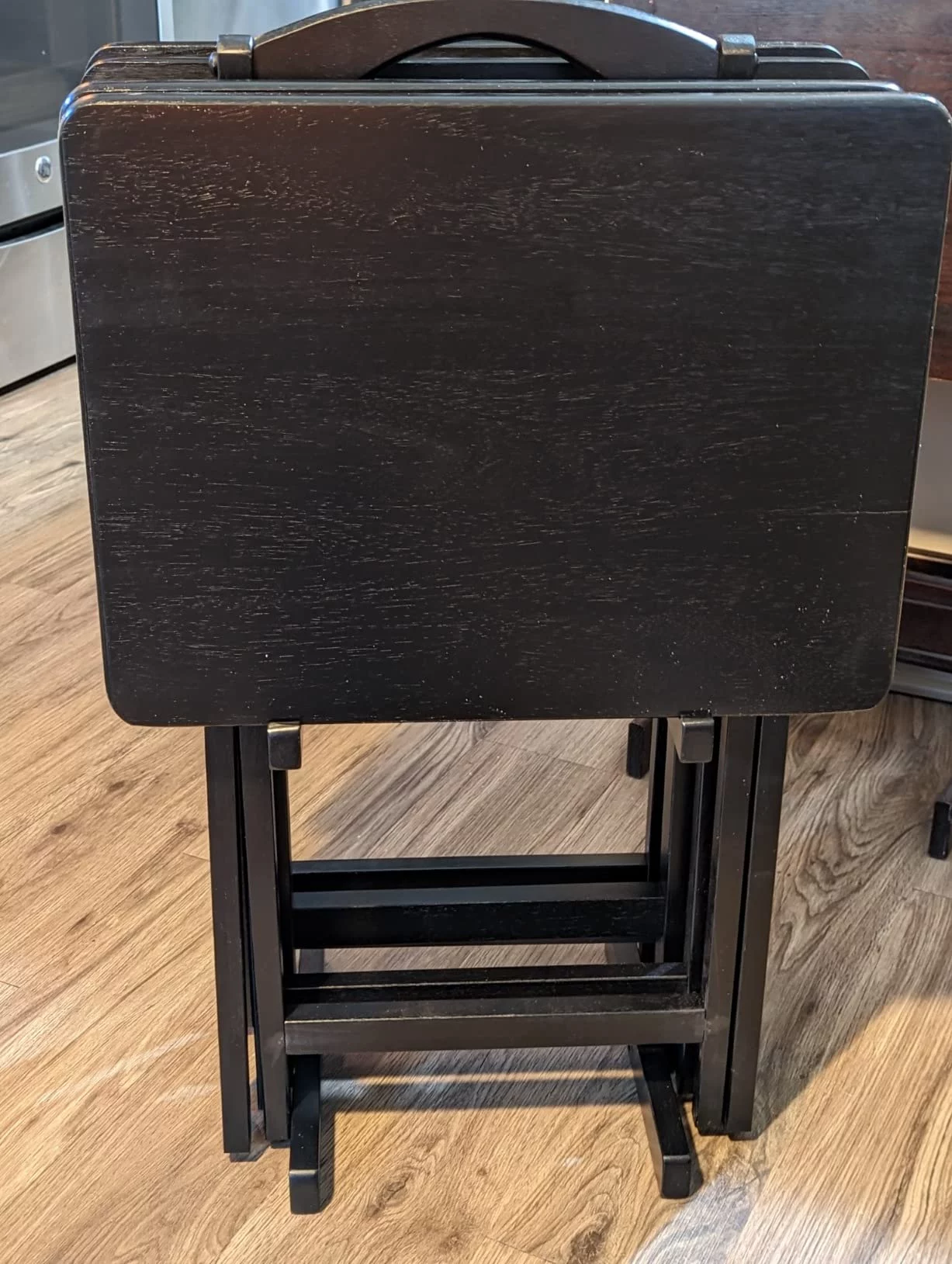 5-Piece Foldable Wooden Snack Tray Table Set with Storage Stand - Portable TV Dinner Tables for Living Room & Entertaining - Compact & Space-Saving photo review