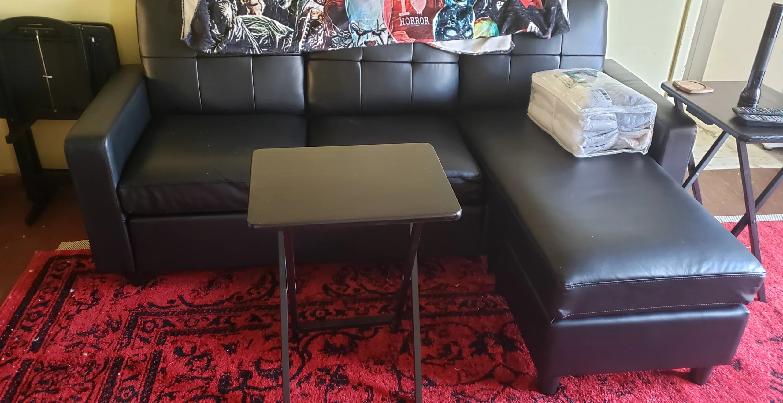 5-Piece Foldable Wooden Snack Tray Table Set with Storage Stand - Portable TV Dinner Tables for Living Room & Entertaining - Compact & Space-Saving photo review