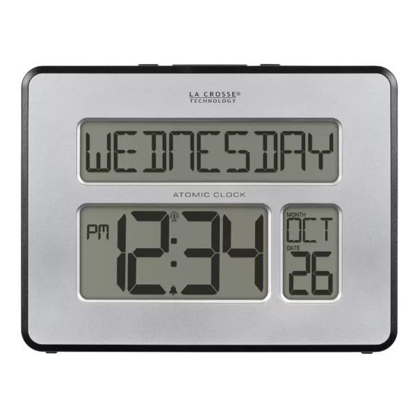 Silver Atomic Full Calendar Clock with Extra-Large Digits