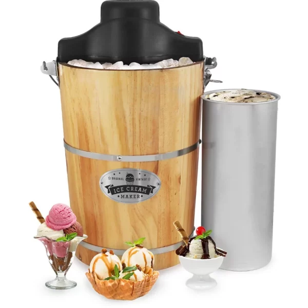 Elite Gourmet 6 Qt Electric Motorized Old-Fashioned Bucket Ice Cream Maker with Hand Crank