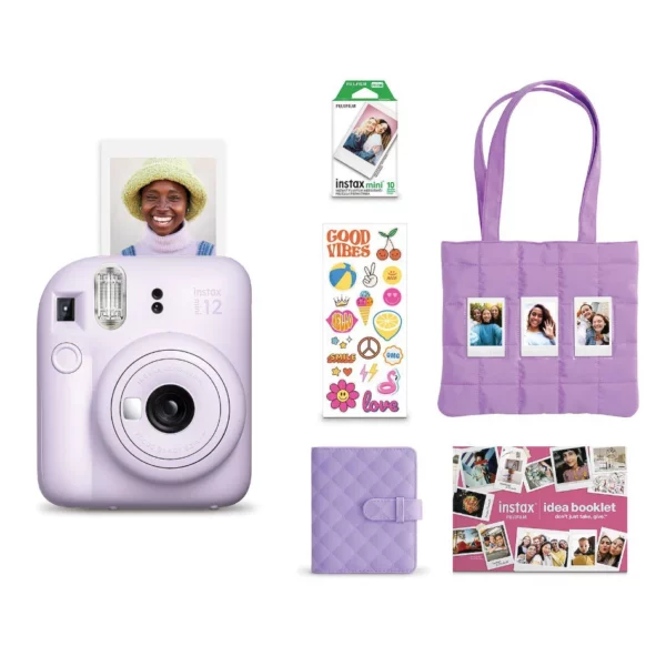 FujiFilm Instax Mini 12 Holiday Bundle Instant Camera Auto Exposure Selfie Mirror High Performance Flash 10-Pack Film Included Photo Album Frame Stickers Drawstring Pouch Batteries Instant Prints Fun Creative Photography Gift