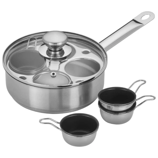 Demeyere Stainless Steel Egg Poacher - 1.5-Qt Belgian-Designed Poaching Pan with 4 Nonstick Cups & Glass Lid