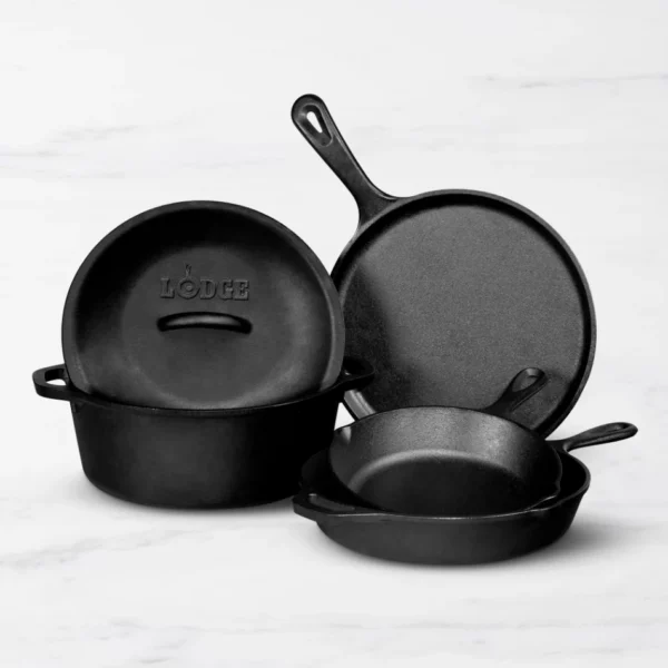 Lodge Seasoned Cast Iron 5-Piece Cookware Set – 8" & 10.25" Skillets, 10.5" Griddle, 5-Qt Dutch Oven with Lid | Pre-Seasoned, Oven & Induction Safe, Made in USA