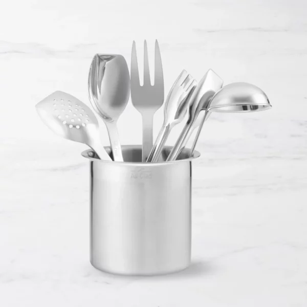 All-Clad Cook & Serve Stainless-Steel Utensils with Utensil Holder, Set of 6 - Premium 18/10 Stainless Kitchen Tools