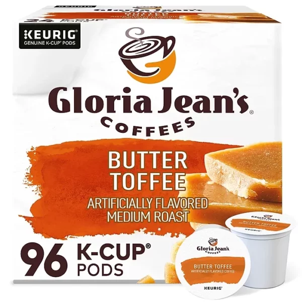 Gloria Jean's Coffees Butter Toffee Coffee, Keurig K-Cup Pods, Medium Roast, 96/Carton - Smooth & Creamy Flavored Single-Serve Coffee