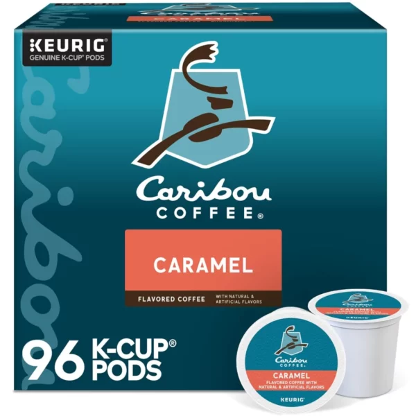 Caribou Coffee Caramel Hideaway Keurig K-Cup Pods, Medium Roast, Artisanal Caramel & Whipped Cream Notes, 96 Count/Box - 100% Rainforest Alliance Certified Arabica, Kosher, Recyclable Pods