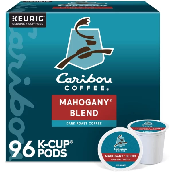 Caribou Coffee Mahogany Blend Keurig K-Cup Pods, Dark Roast, Bold with Spice, Woodsy & Floral Vanilla Notes, 96 Count/Carton - 100% Arabica, Kosher, Rich El Salvador, Sumatra & Guatemala Blend