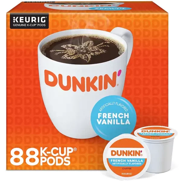 Dunkin' French Vanilla Coffee Keurig K-Cup Pods, Medium Roast, Smooth & Sweet Vanilla Flavor, 88 Count/Carton - 100% Arabica, OU Kosher, Perfect Everyday Indulgence
