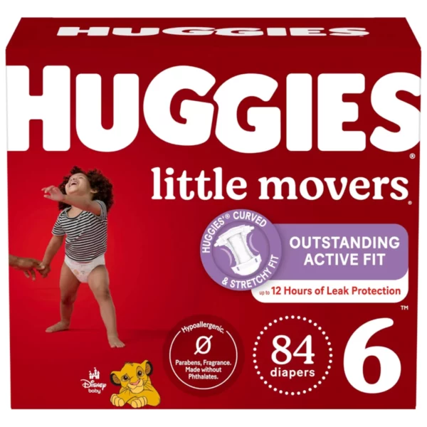 Huggies Little Movers Baby Diapers, Size 6 (84 Count) - Leak-Free Disposable Diapers for Active Toddlers 35+ lbs