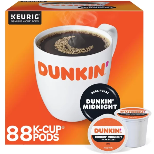 Dunkin' Midnight Coffee Keurig K-Cup Pods, Dark Roast, Rich Full-Bodied with Bittersweet Chocolate Notes & Intense Finish, 88 Count/Carton - 100% Arabica, OU Kosher, Recyclable Pods
