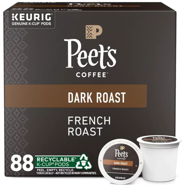 Peet's Coffee French Roast Keurig K-Cup Pods, Dark Roast, Powerful Smoky with Chocolate Truffle & Burnt Caramel Notes, 88 Count/Carton (22 Pods/Box, 4 Boxes) - Intense Bold Flavor, OU Kosher