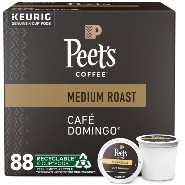 Peet's Coffee Cafe Domingo Keurig K-Cup Pods, Medium Roast, Nutty & Balanced Blend with Bright Latin American Beans, 88 Count/Box - Recyclable Pods, OU Kosher, 100% Arabica