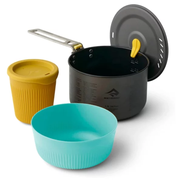Sea to Summit Frontier Ultralight 1 Pot 3-Piece Cookset, 1.3L Hard-Anodized Aluminum Pot with Ceramic Non-Stick Coating, Strainer Lid & Click-Safe Handle - Includes Durable Passage Bowl & Cup