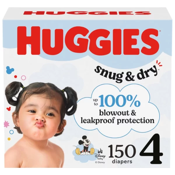 Huggies Snug & Dry Baby Diapers, Size 4 (150 Count) - Hypoallergenic Disposable Diapers with Up to 100% Leak & Blowout Protection