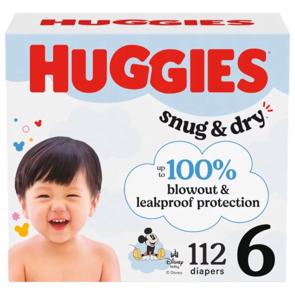 Huggies Snug & Dry Baby Diapers, Size 6 (112 Count) - Hypoallergenic Disposable Diapers with 2X Softness & 100% Leak Protection