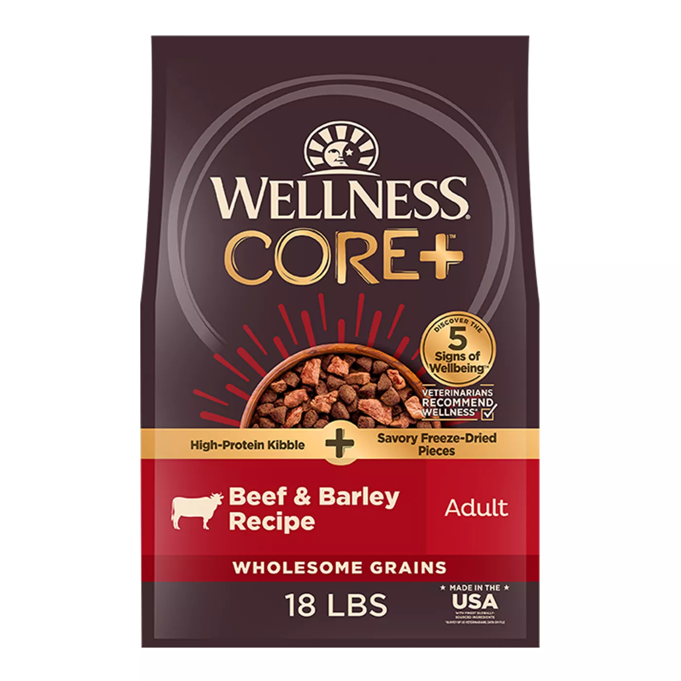 Wellness Core+ High Protein Kibble + Savory Freeze-Dried Pieces - Beef & Barley, Wholesome Grains 5350435